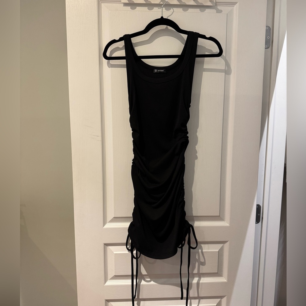 Black Ruched Ribbed Tank Mini Dress